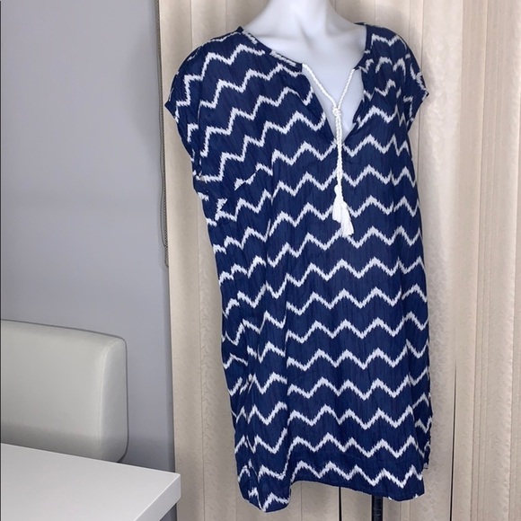 H&M L.O.G.G. Relaxed fit chevron tassel tunic top 10 blue women’s resort - Picture 6 of 8